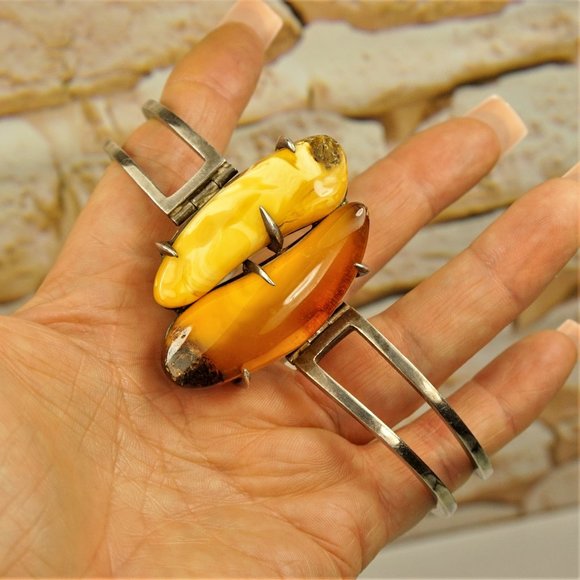 SUPER RARE MODERNIST AMBER STERLING BRACELET, HEAVY HINGED BANGLE 7" - Picture 2 of 11